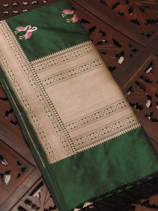 Bottle Green Pure Katan Silk Handloom Dupatta with Kadhwa Zari Meena Shikargah Buta & Textured Zari Border