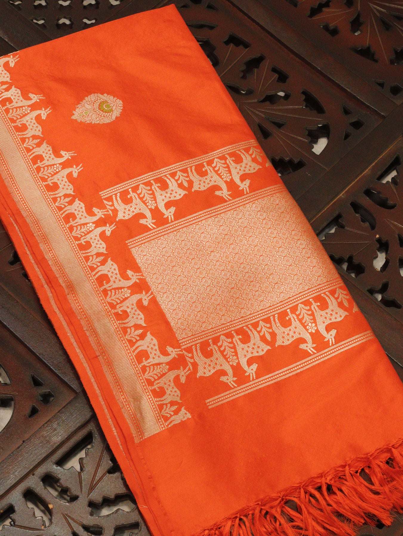 Orange Pure Katan Silk Handloom Dupatta with Kadhwa Zari Meena Buta & Shikargah Border