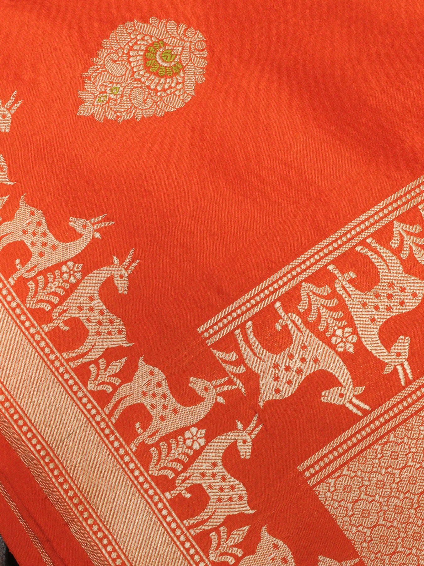 Orange Pure Katan Silk Handloom Dupatta with Kadhwa Zari Meena Buta & Shikargah Border