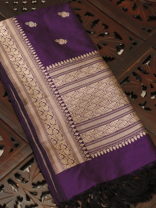Magenta Purple Pure Katan Silk Handloom Dupatta with Kadhwa Zari Meena Buti & Leaf Pattern Zari Border