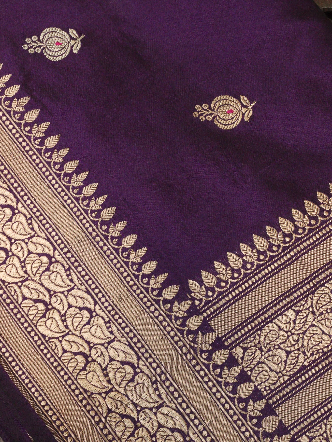 Magenta Purple Pure Katan Silk Handloom Dupatta with Kadhwa Zari Meena Buti & Leaf Pattern Zari Border