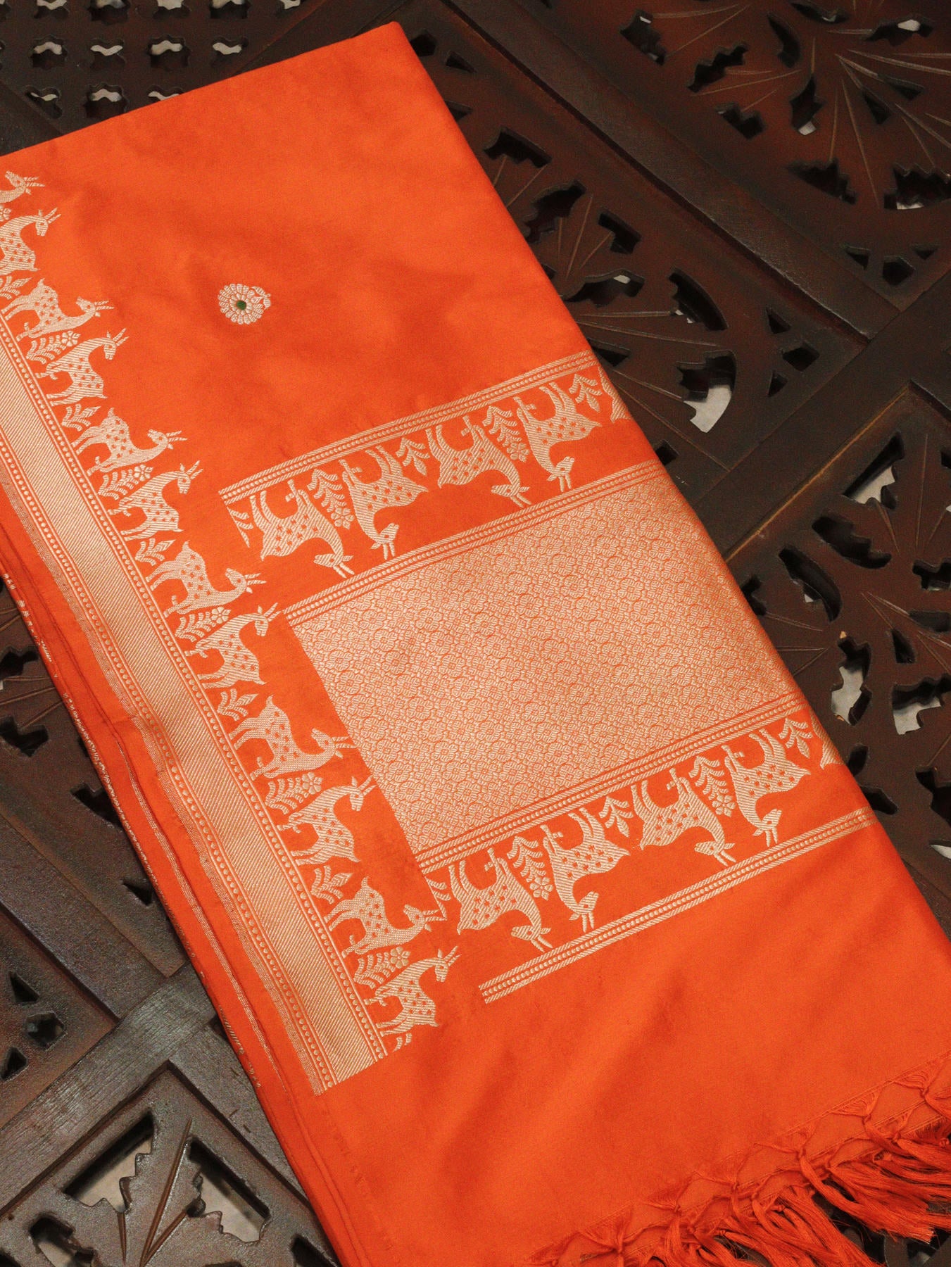 Orange Pure Katan Silk Handloom Dupatta with Kadhwa Zari Meena Buti & Shikargah Border