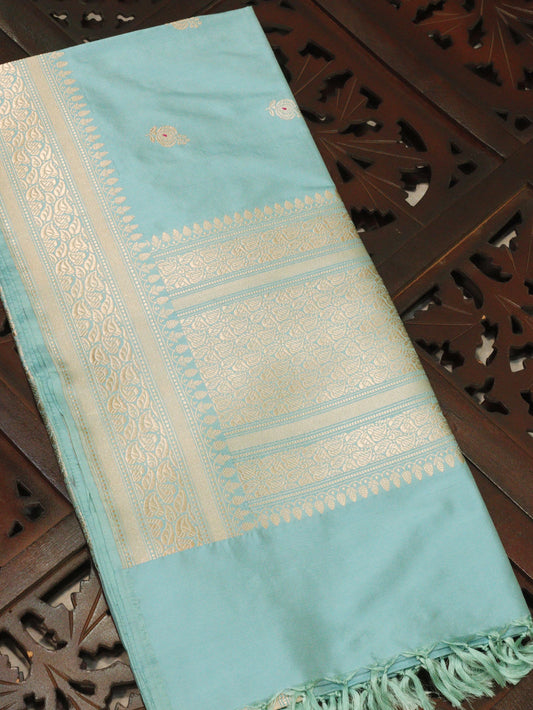 Sea Blue Pure Katan Silk Handloom Dupatta with Kadhwa Zari Meena Buti & Leaf Pattern Zari Border