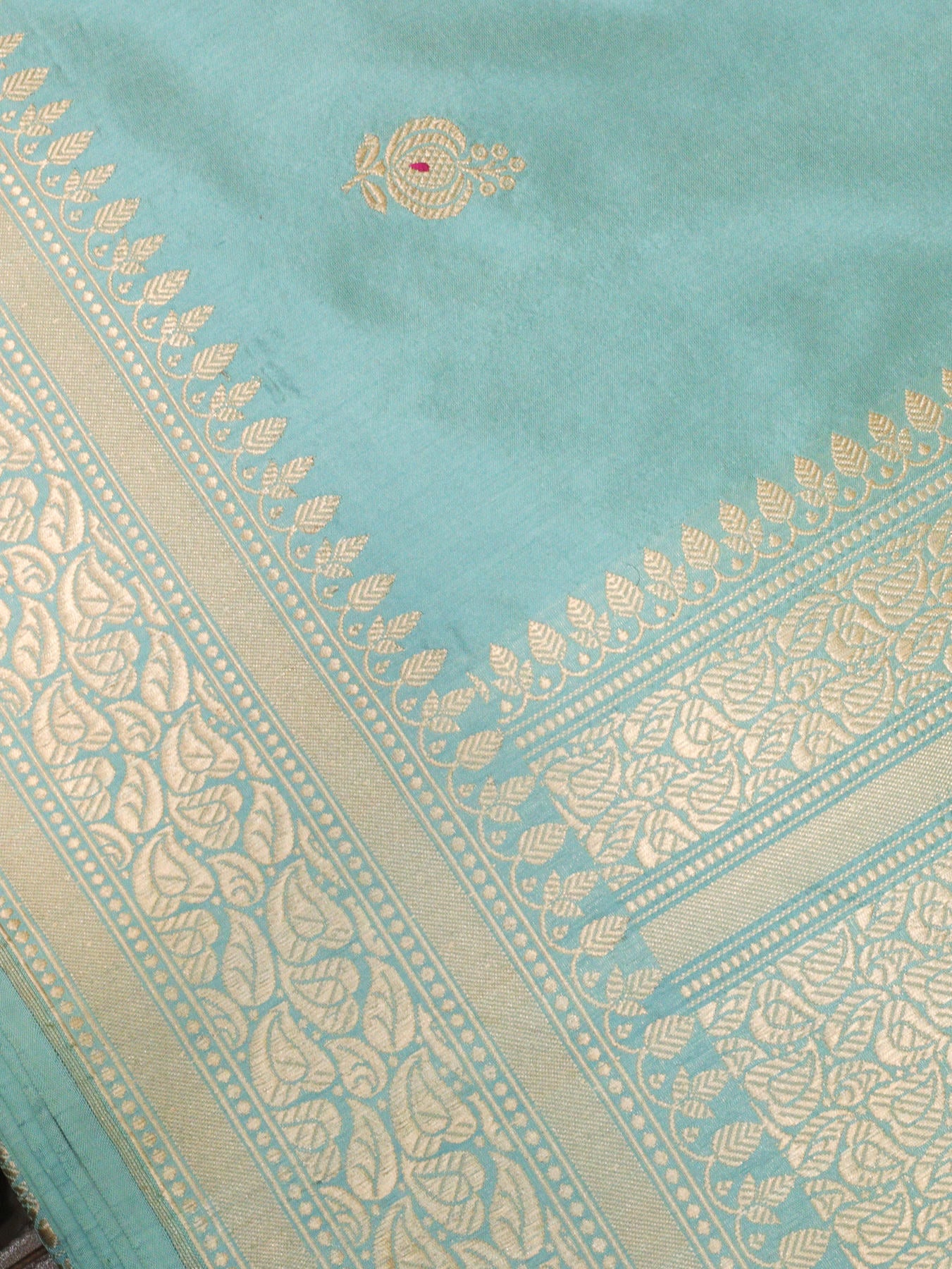 Sea Blue Pure Katan Silk Handloom Dupatta with Kadhwa Zari Meena Buti & Leaf Pattern Zari Border