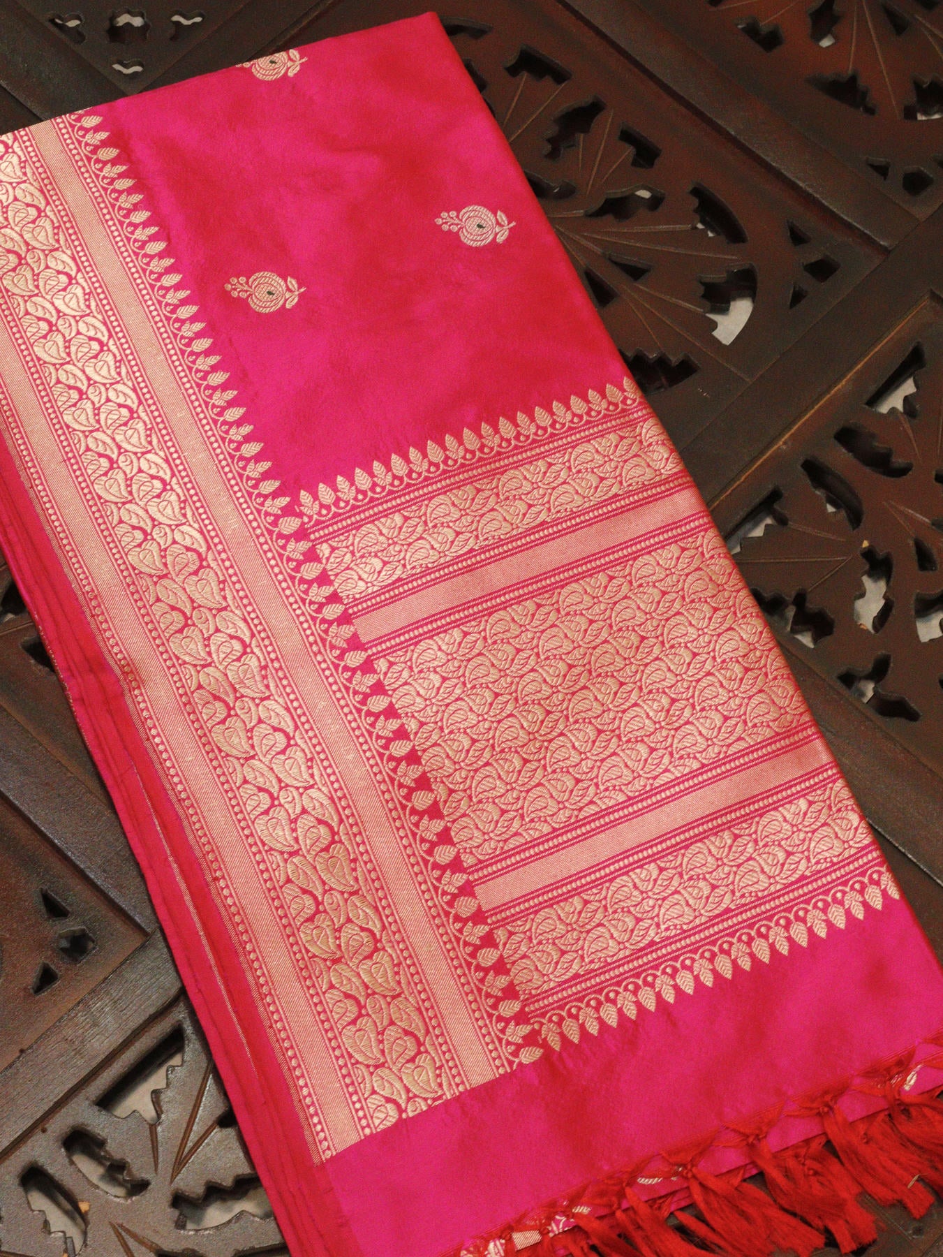 Rani Pink Pure Katan Silk Handloom Dupatta with Kadhwa Zari Meena Buti & Leaf Pattern Zari Border
