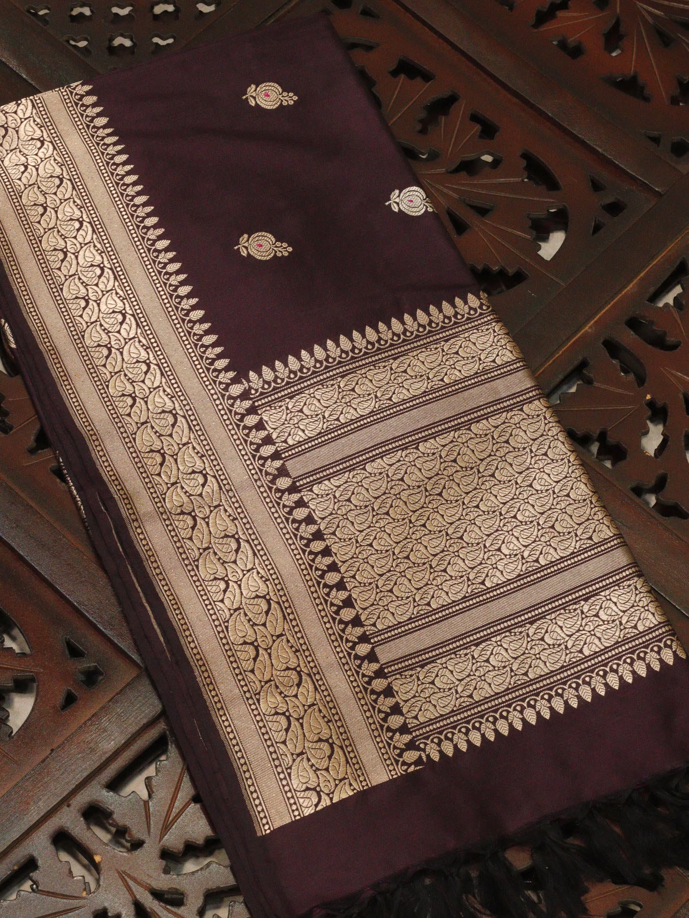 Wine Pure Katan Silk Handloom Dupatta with Kadhwa Zari Meena Buti & Leaf Pattern Zari Border