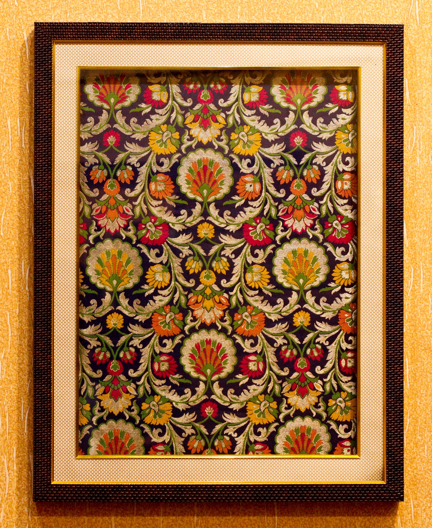 Banarasi Silk Hand Woven Multi Kimkhwab Brocade Wall Frame 17" x 22" - Navy Blue