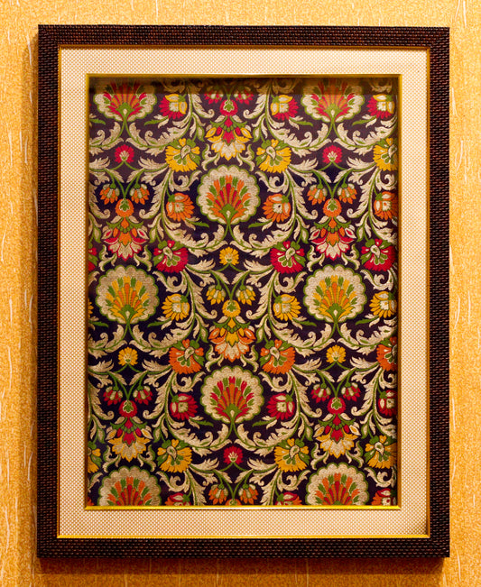 Banarasi Silk Hand Woven Multi Kimkhwab Brocade Wall Frame 17" x 22" - Navy Blue