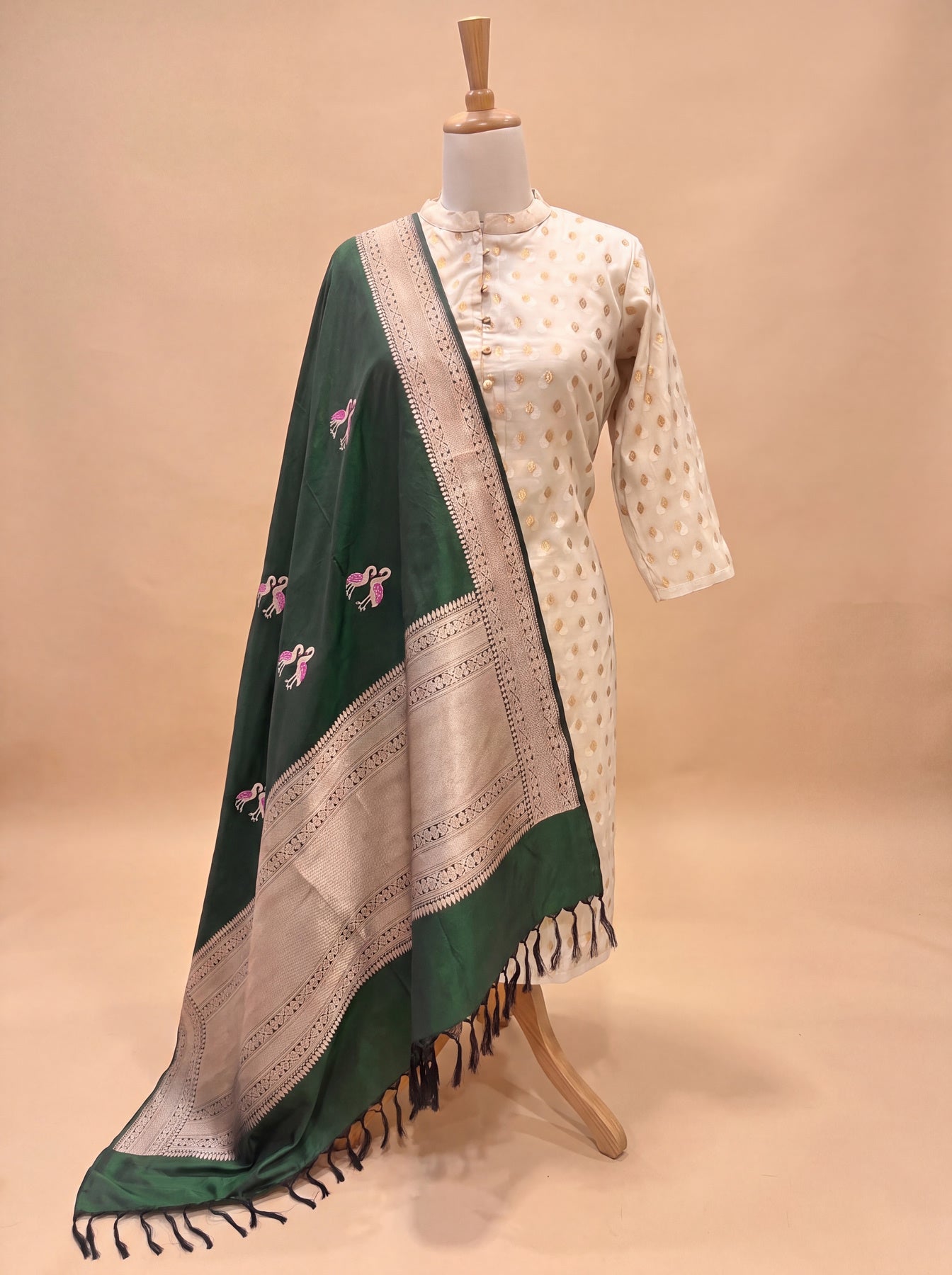 Bottle Green Pure Katan Silk Handloom Dupatta with Kadhwa Zari Meena Shikargah Buta & Textured Zari Border