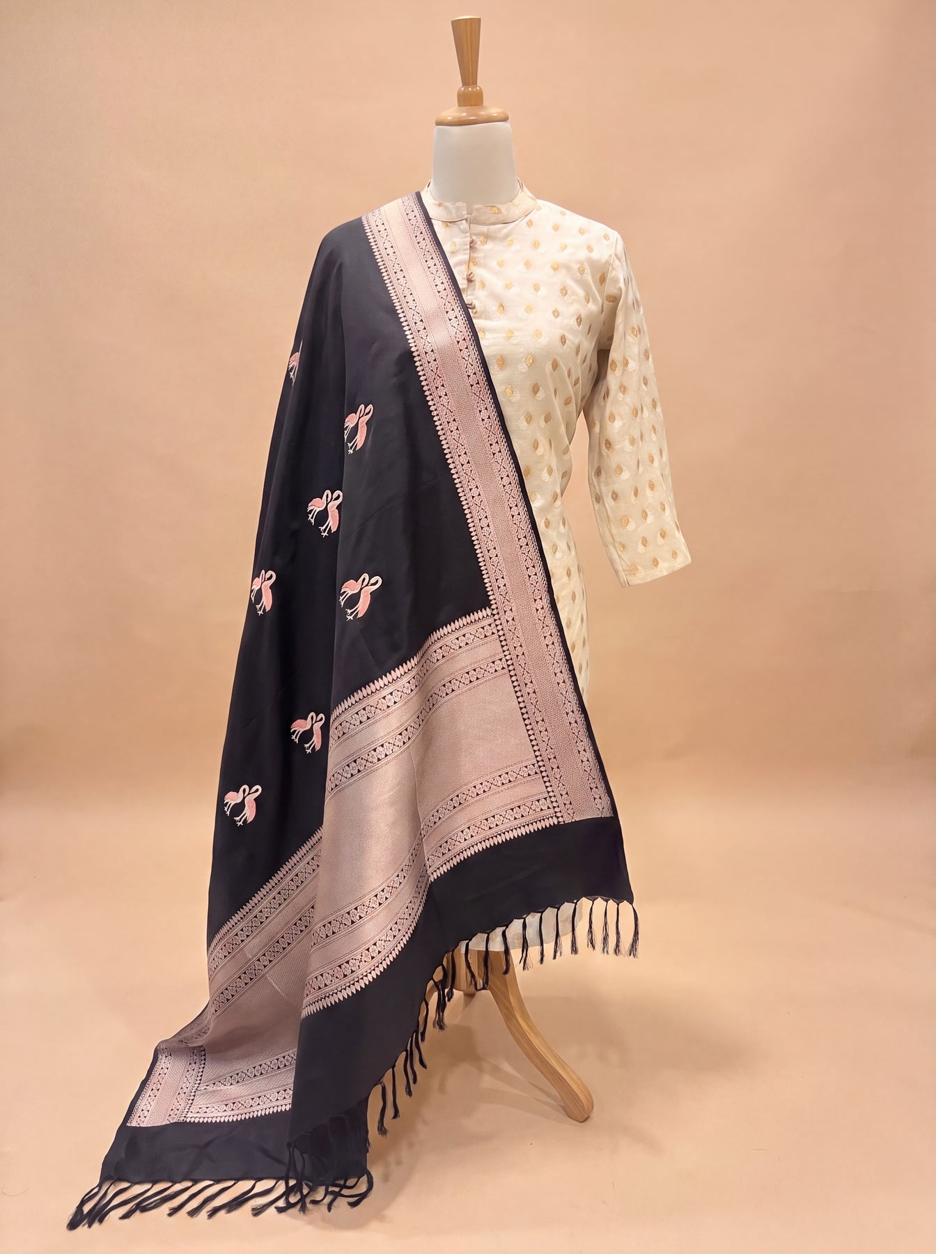 Black Pure Katan Silk Handloom Dupatta with Kadhwa Zari Meena Shikargah Buta & Textured Zari Border