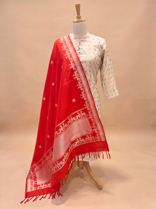 Red Pure Katan Silk Handloom Dupatta with Kadhwa Zari Meena Buta & Shikargah Border