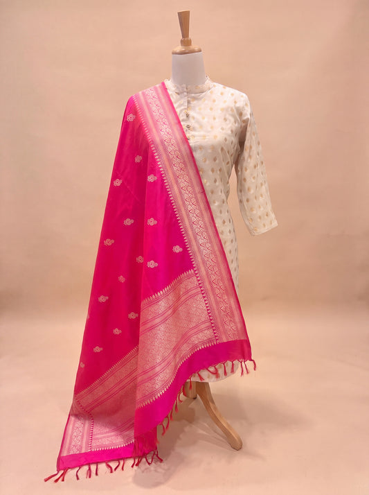 Rani Pink Pure Katan Silk Handloom Dupatta with Kadhwa Zari Meena Buti & Leaf Pattern Zari Border