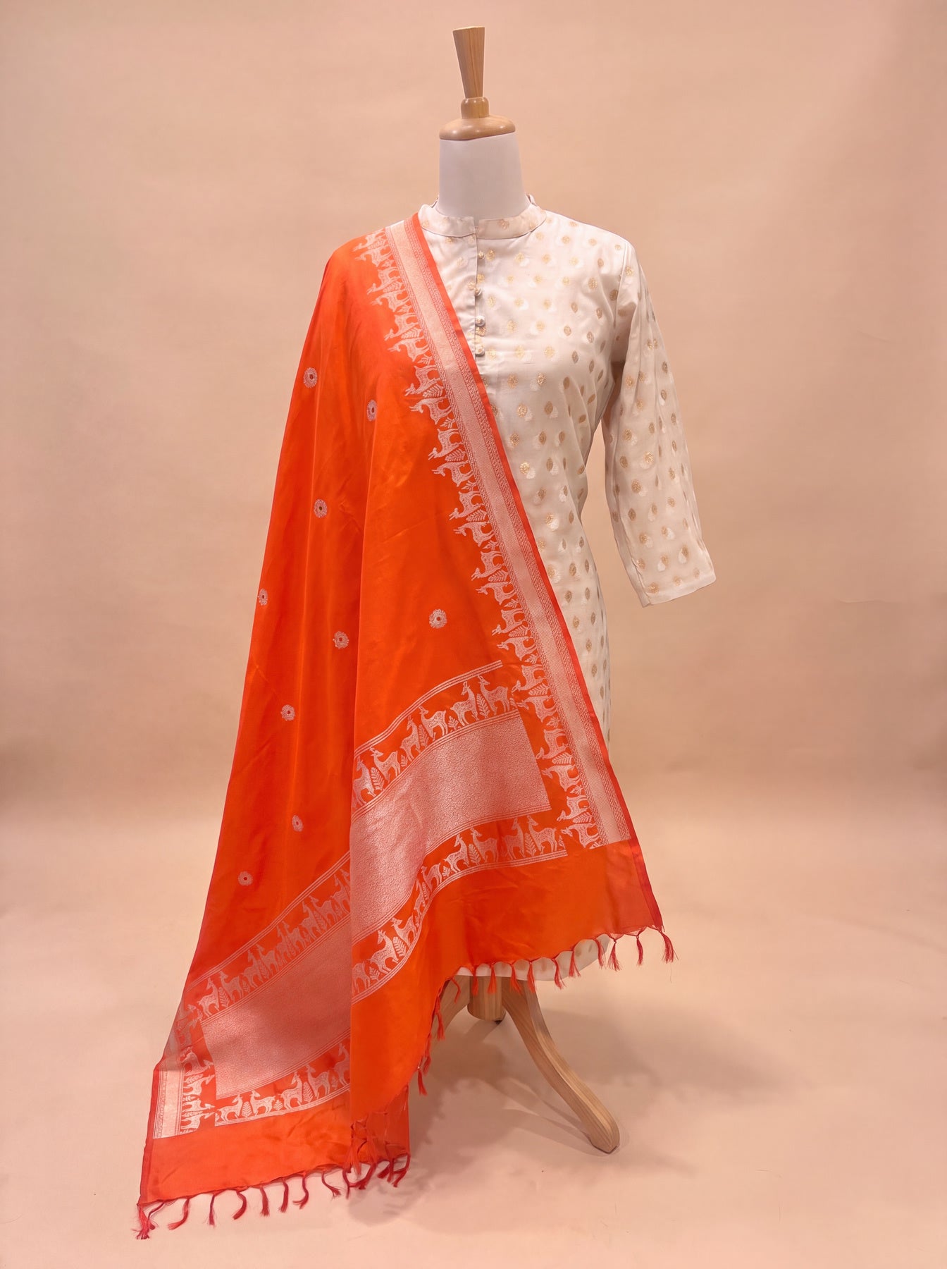 Orange Pure Katan Silk Handloom Dupatta with Kadhwa Zari Meena Buti & Shikargah Border