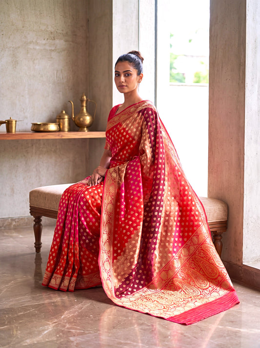 Multicolor Rani Pure Katan Silk Handloom Kadhwa Rangkaat Tissue Saree with Contemporary Weave & Jamdani Inspired Carry Pallu