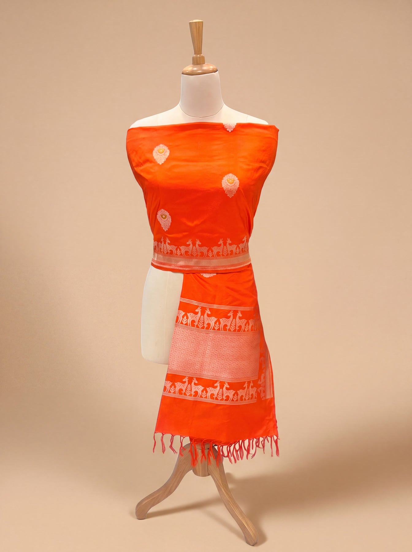 Orange Pure Katan Silk Handloom Dupatta with Kadhwa Zari Meena Buta & Shikargah Border