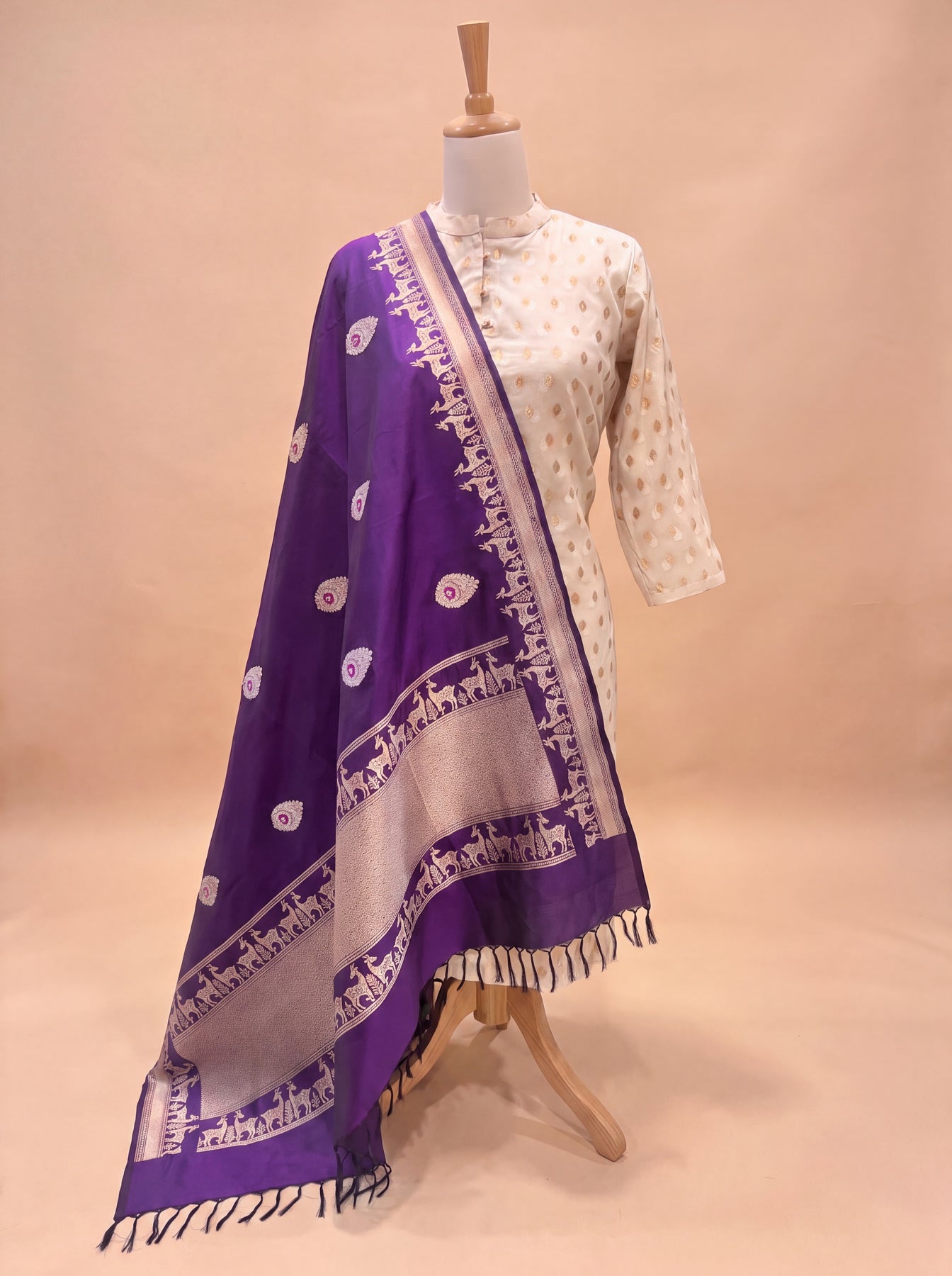 Uda Purple  Pure Katan Silk Handloom Dupatta with Kadhwa Zari Meena Buta & Shikargah Border