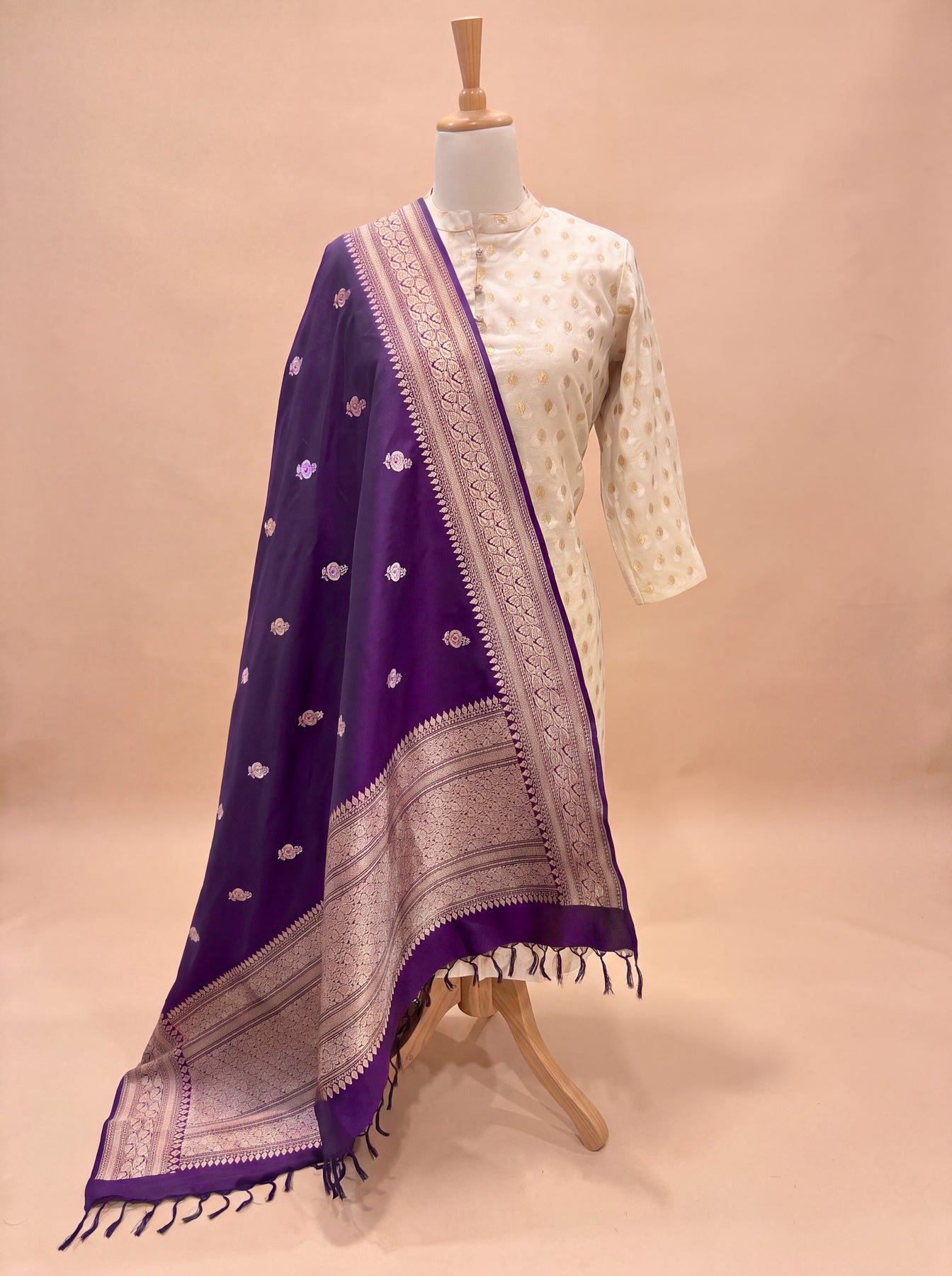 Magenta Purple Pure Katan Silk Handloom Dupatta with Kadhwa Zari Meena Buti & Leaf Pattern Zari Border