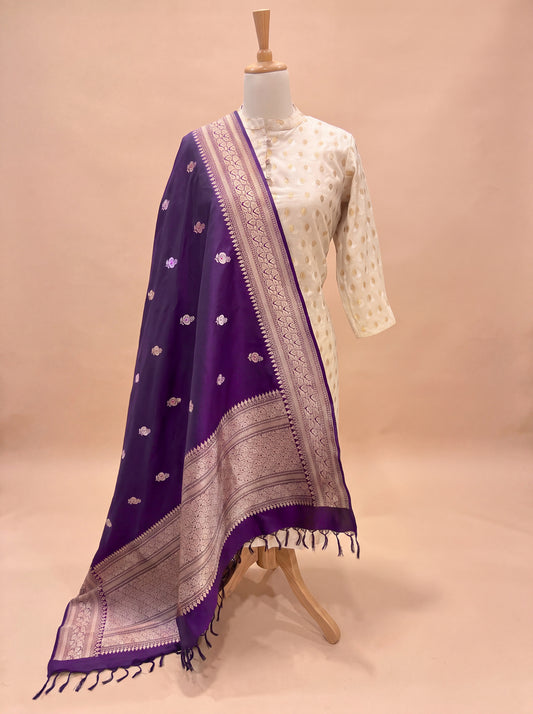 Magenta Purple Pure Katan Silk Handloom Dupatta with Kadhwa Zari Meena Buti & Leaf Pattern Zari Border