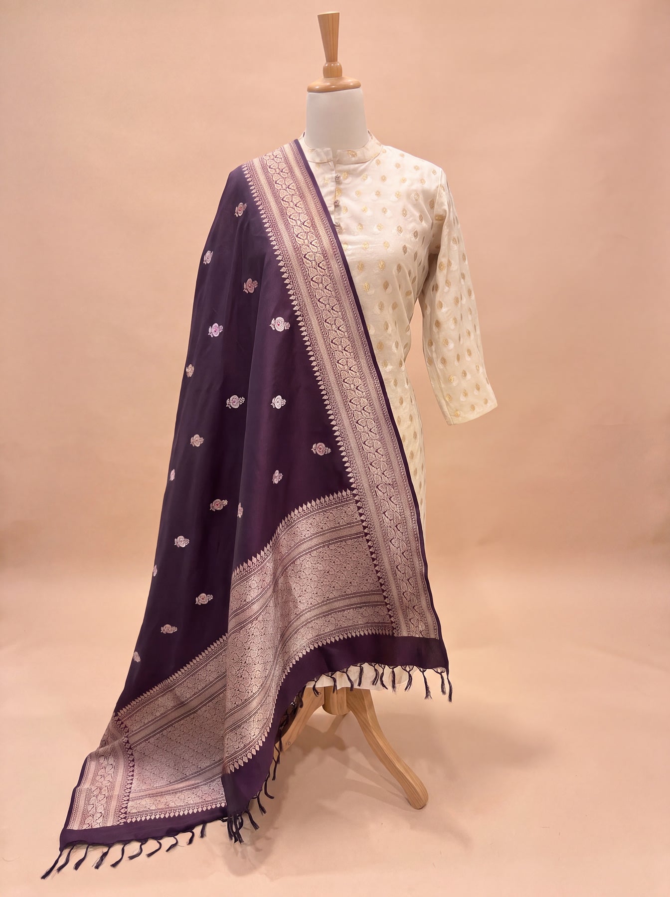 Wine Pure Katan Silk Handloom Dupatta with Kadhwa Zari Meena Buti & Leaf Pattern Zari Border