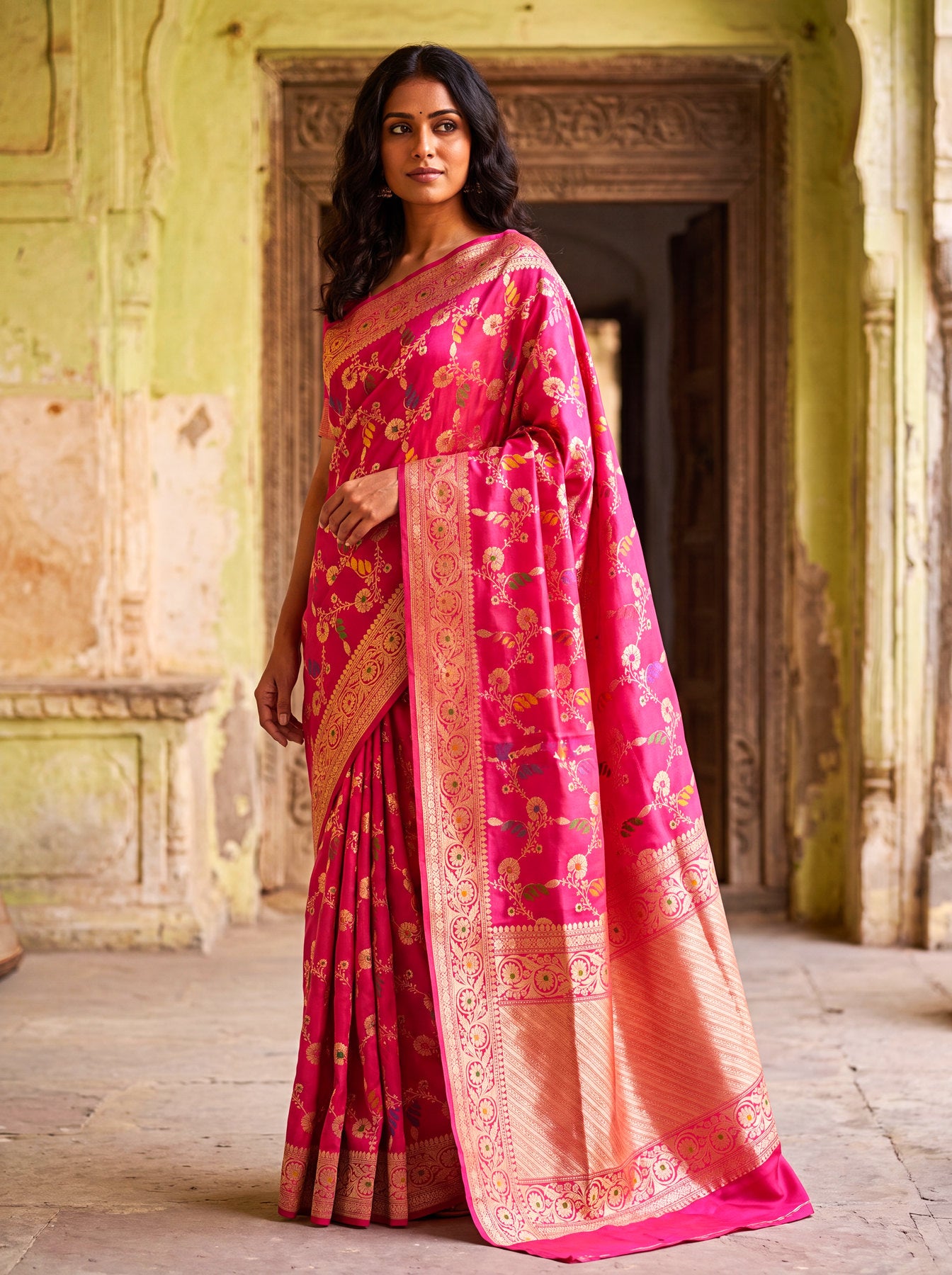 Dhoop Chaon Rani Pure Katan Silk Handloom Saree with Kadhwa Jangla Gold Zari Tilfi Meenakari