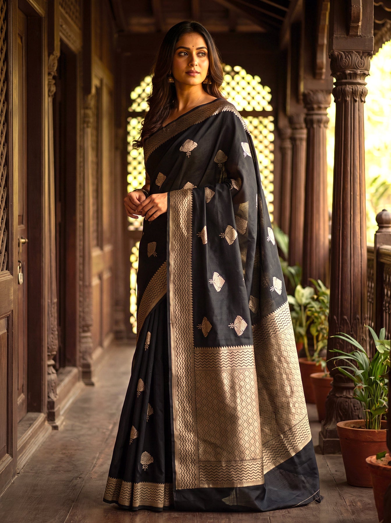 Black Pure Katan Silk Handloom Saree Kadhwa Gold & Silver Zari Buti