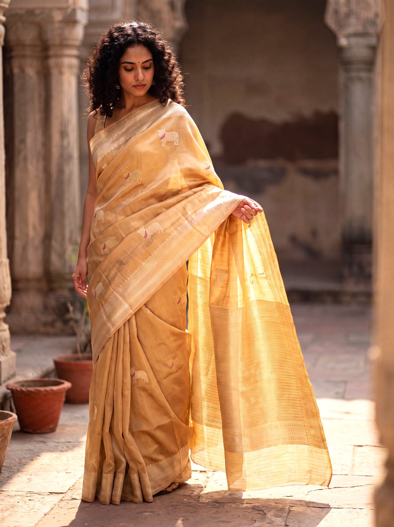 Gold Pure Satin Silk Tissue Handloom Saree with Kadhwa Tilfi Meenakari Gold & Silver Zari Pichwai Buti