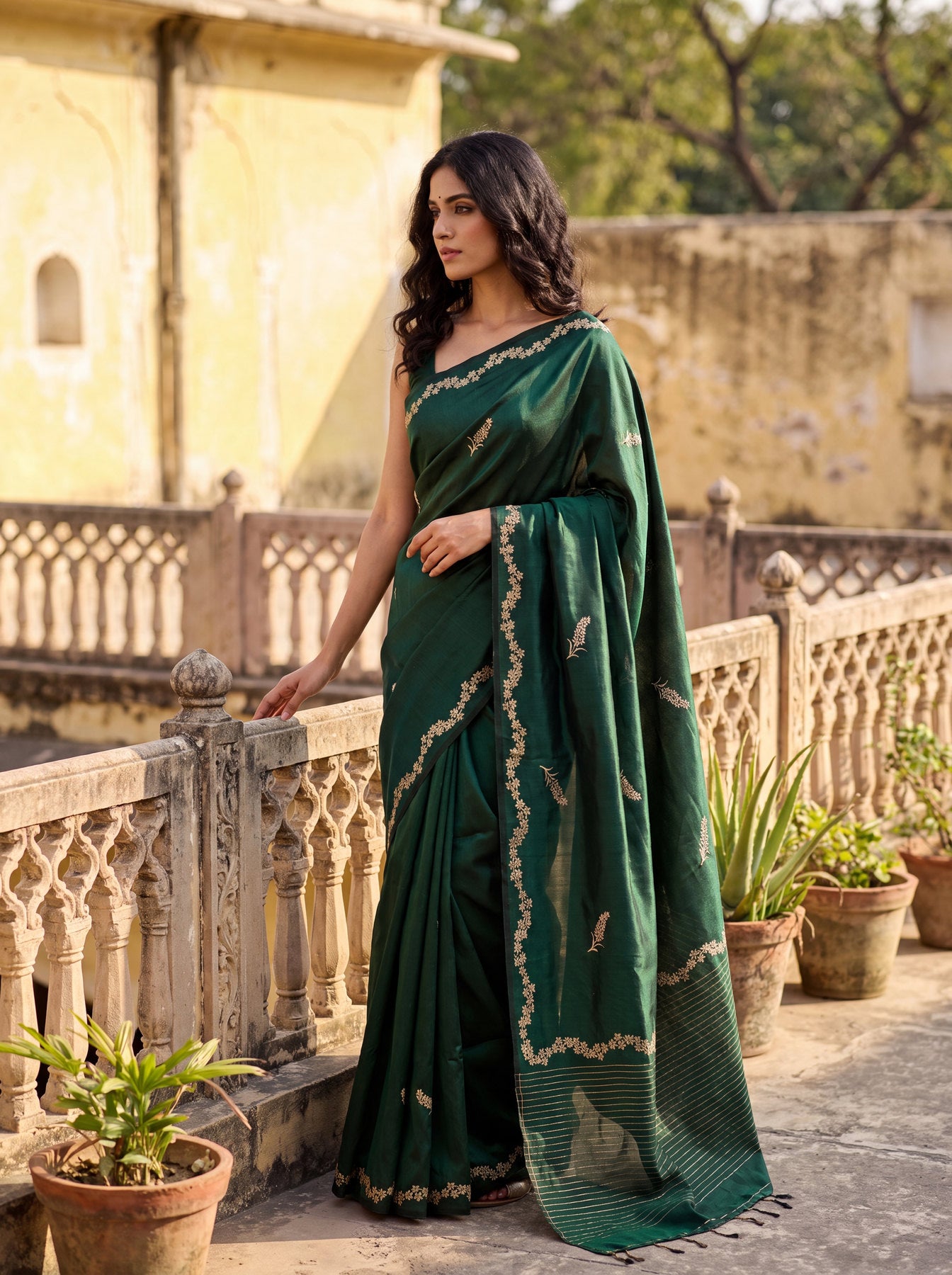 Bottle Green Pure Katan Silk Handloom Kadhwa Saree with Narrow Scallop Border & Gold Silver Floral Zari Buti
