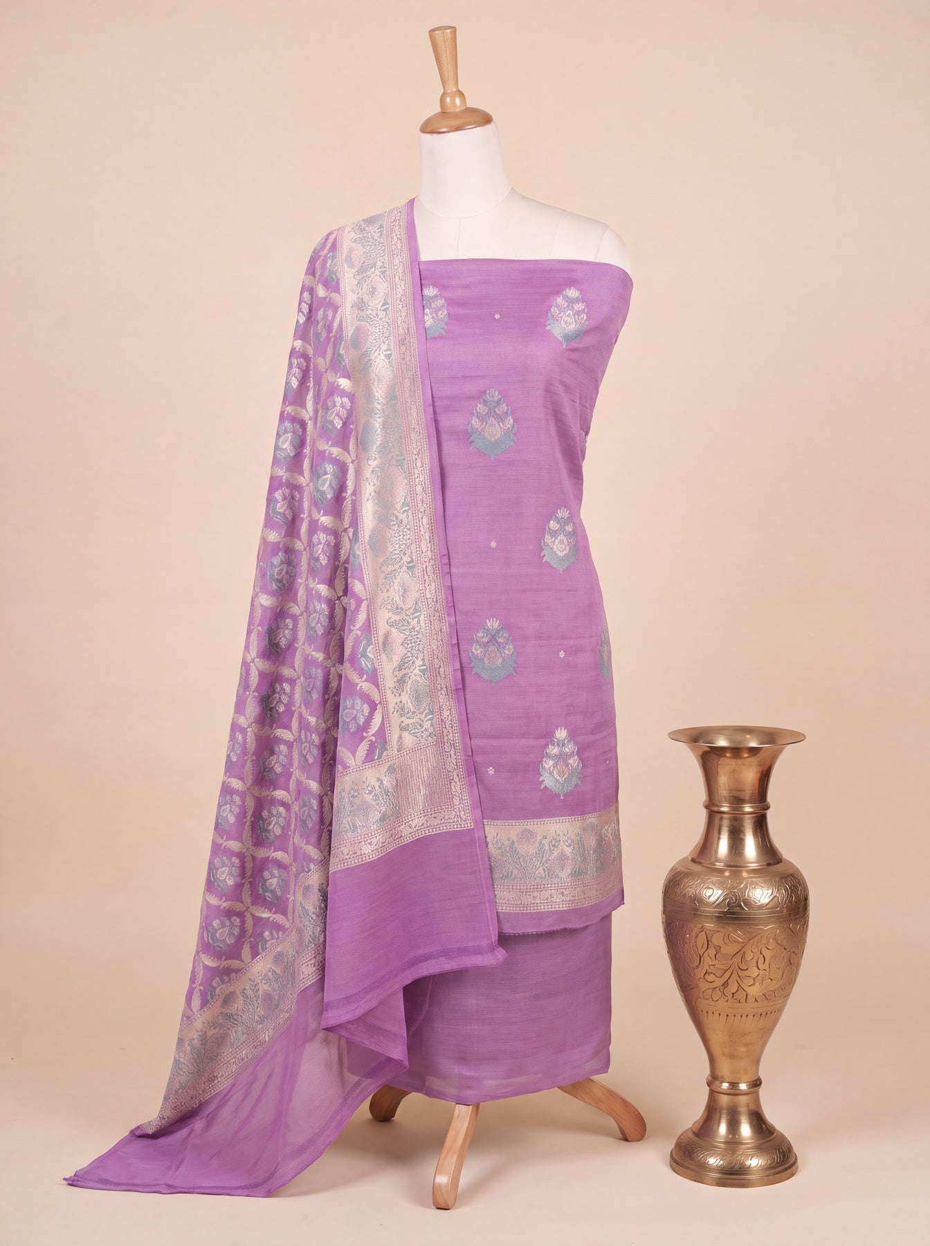 Mauve Purple Pure Silk Munga Khaddi Tilfi Suit Set - Top Dupatta & Bottom