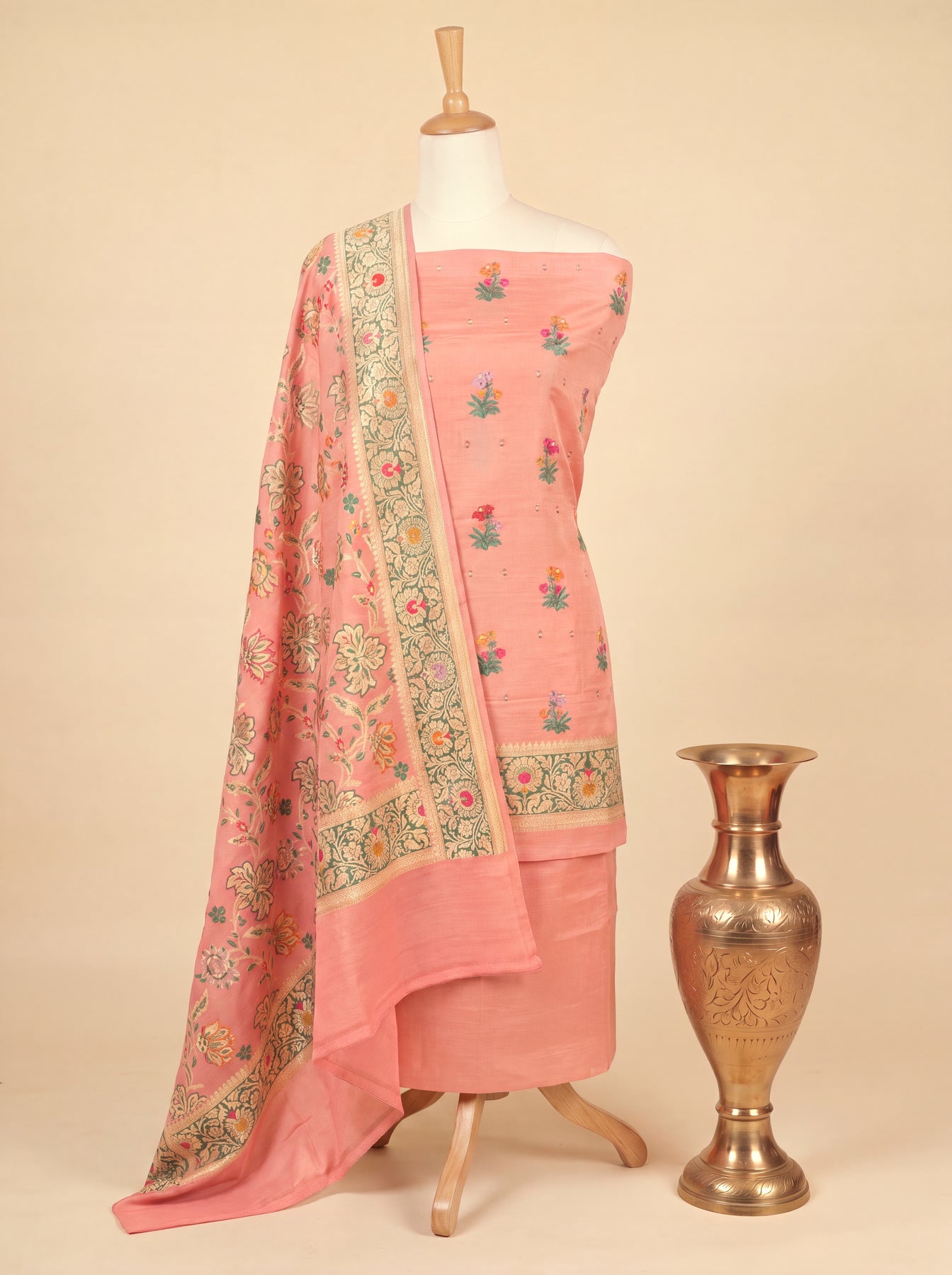 Peach Pink Pure Silk Munga Khaddi Tilfi Suit Set - Top Dupatta & Bottom