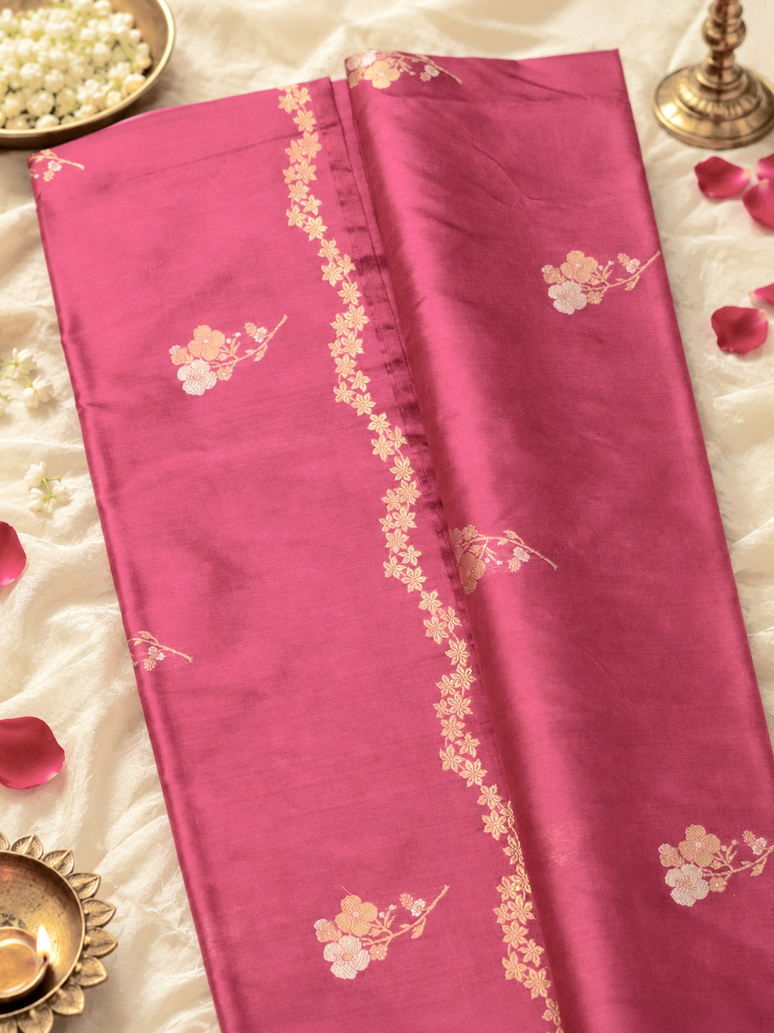 Rose Pink Pure Katan Silk Handloom Kadhwa Saree with Narrow Scallop Border & Gold Silver Floral Zari Buti