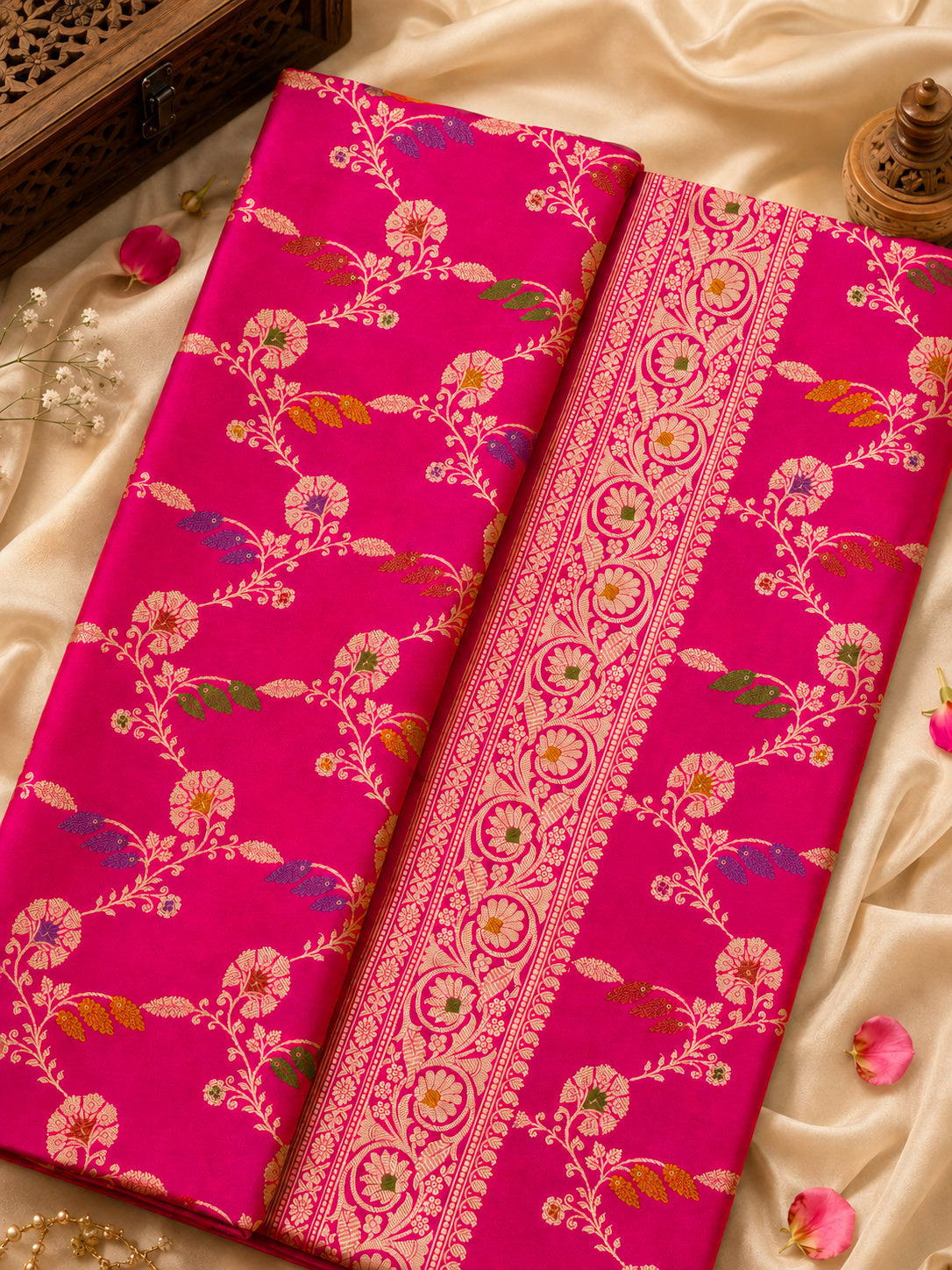 Dhoop Chaon Rani Pure Katan Silk Handloom Saree with Kadhwa Jangla Gold Zari Tilfi Meenakari