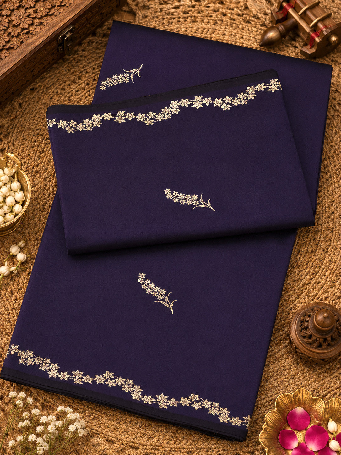 Purple Navy Pure Katan Silk Handloom Kadhwa Saree with Narrow Scallop Border & Gold Silver Floral Zari Buti
