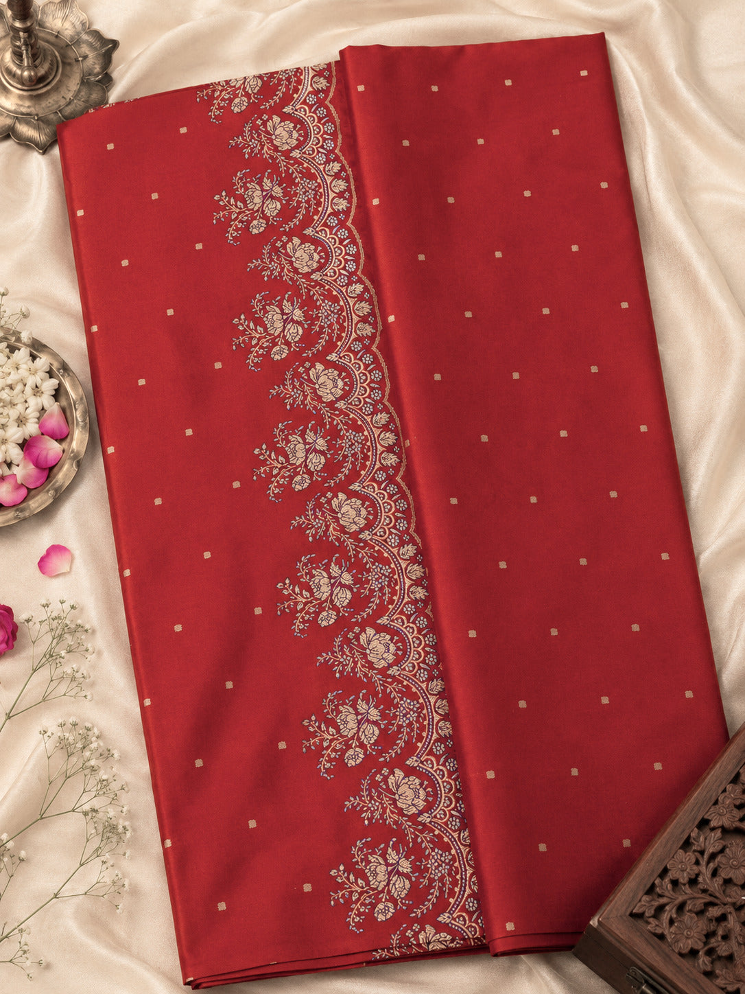 Bright Red Pure Katan Silk Handloom Kadhwa Saree with Scallop Meenakari Border & Pallu and Fine Gold Zari Khaddi Buti