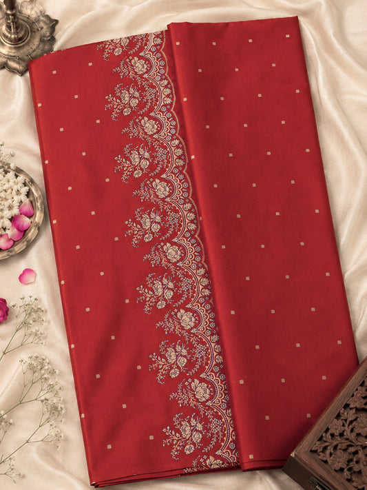 Bright Red Pure Katan Silk Handloom Kadhwa Saree with Scallop Meenakari Border & Pallu and Fine Gold Zari Khaddi Buti
