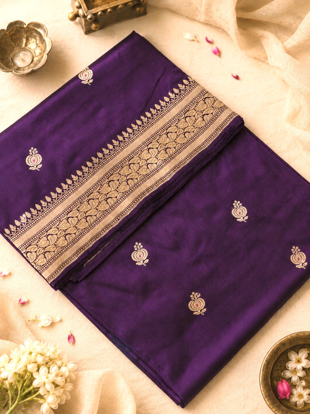 Magenta Purple Pure Katan Silk Handloom Saree Kadhwa Gold & Silver Zari Buti