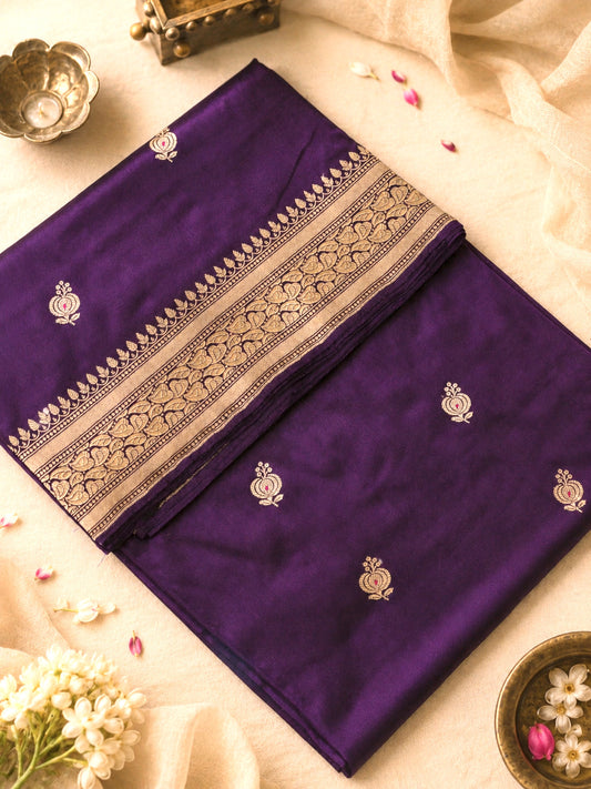 Magenta Purple Pure Katan Silk Handloom Saree Kadhwa Gold & Silver Zari Buti