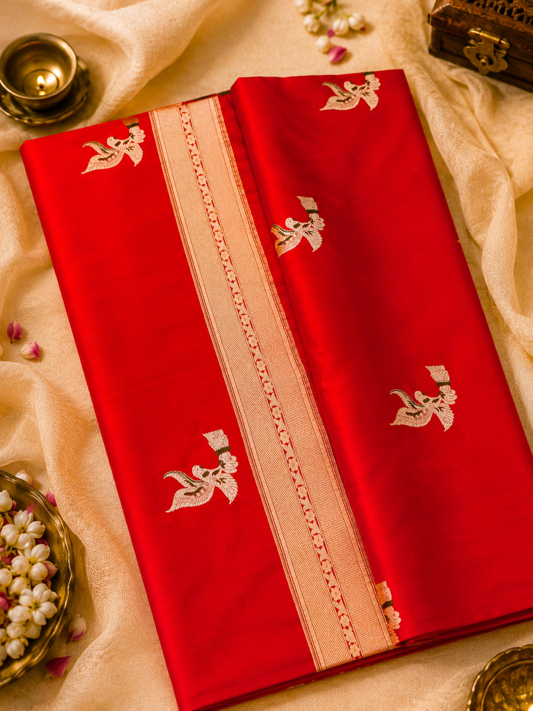 Bright Red Pure Katan Silk Handloom Saree Kadhwa Gold & Silver Zari Shikargah Buti