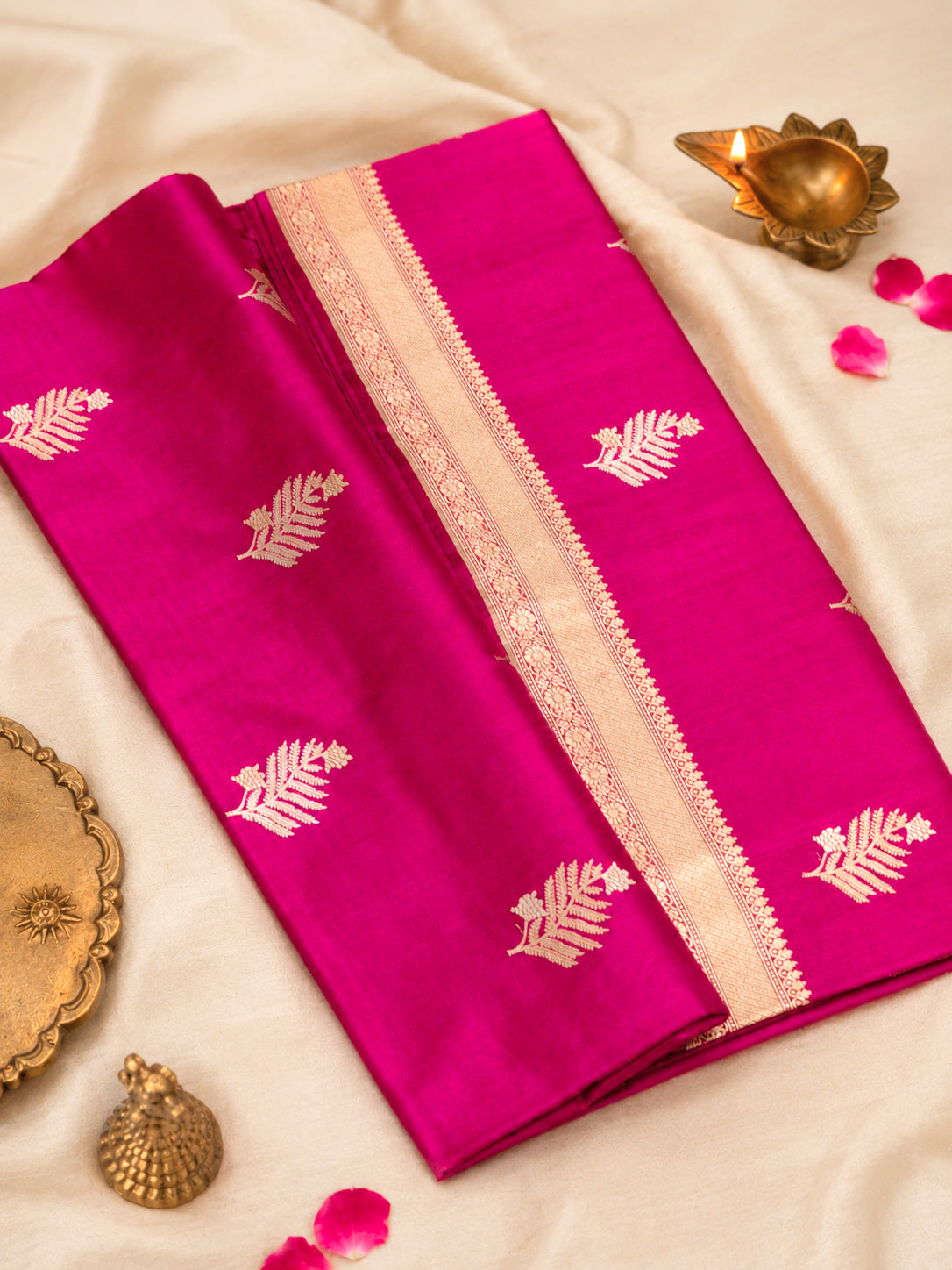 Rani Pink Pure Katan Silk Handloom Saree Kadhwa Gold & Silver Zari Floral Buti