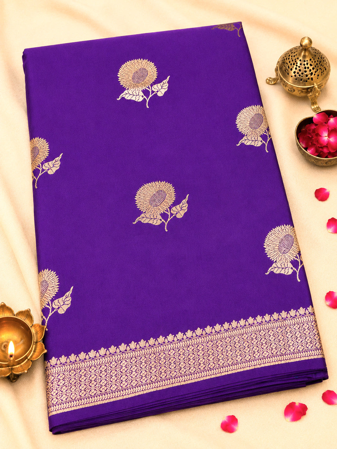Uda Purple Pure Katan Silk Handloom Saree Kadhwa Gold & Silver Zari Buti
