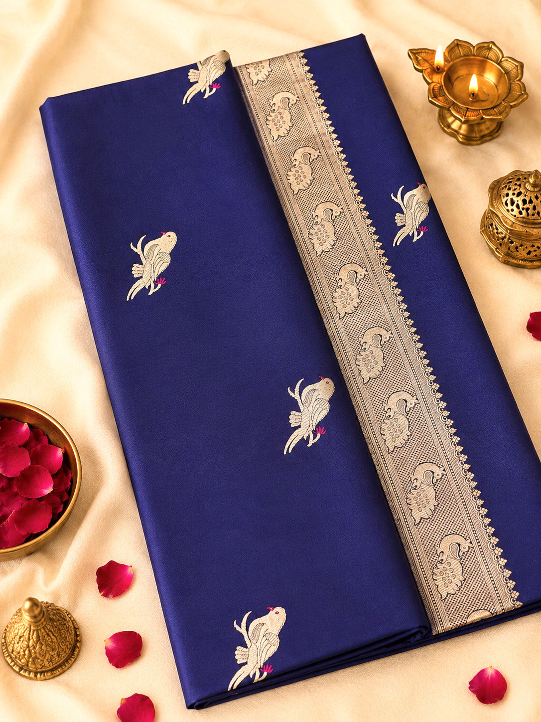 Navy Blue Pure Katan Silk Handloom Saree Kadhwa Gold & Silver Zari Shikargah Buti