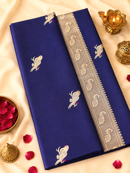 Navy Blue Pure Katan Silk Handloom Saree Kadhwa Gold & Silver Zari Shikargah Buti