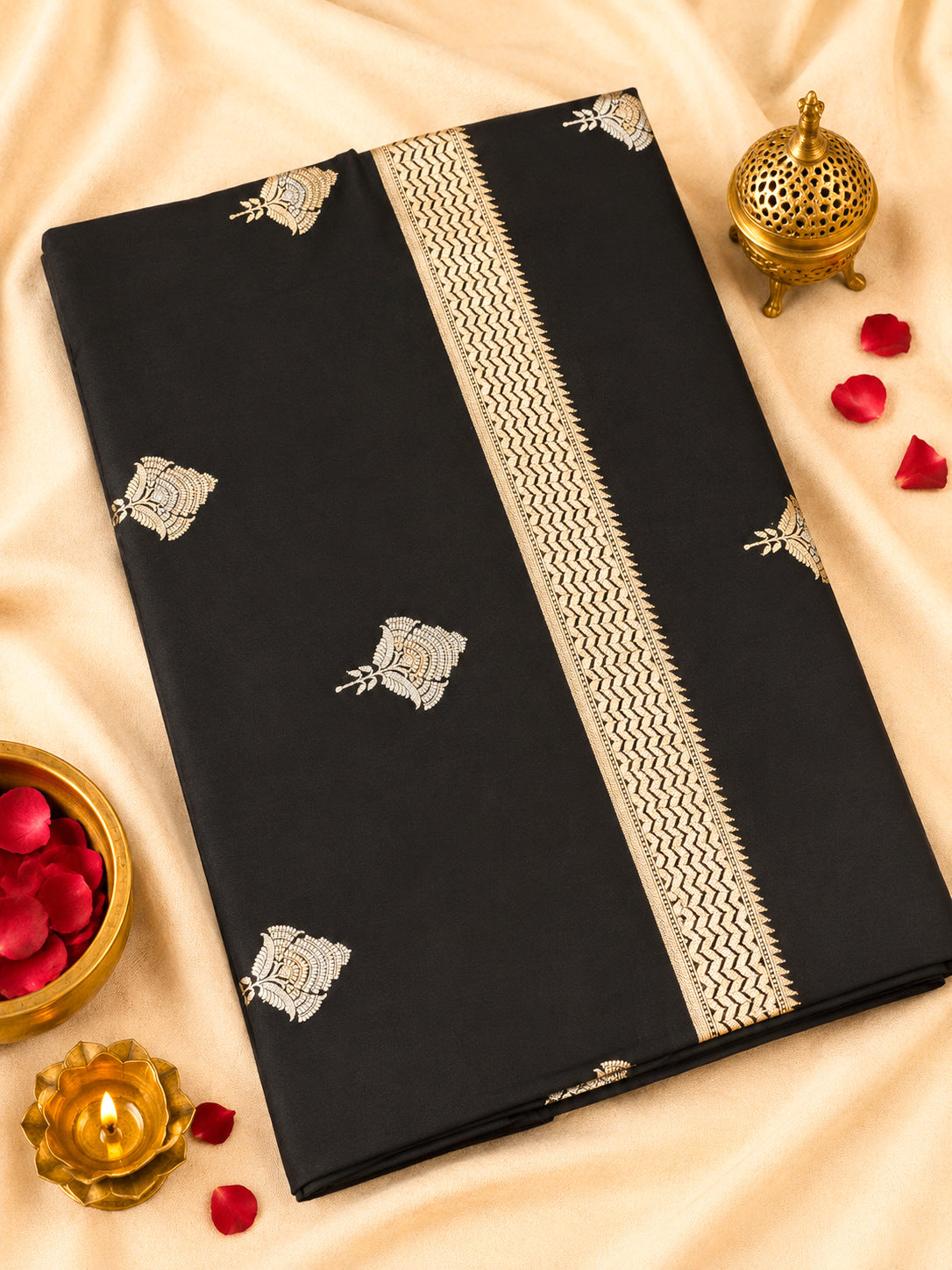 Black Pure Katan Silk Handloom Saree Kadhwa Gold & Silver Zari Buti