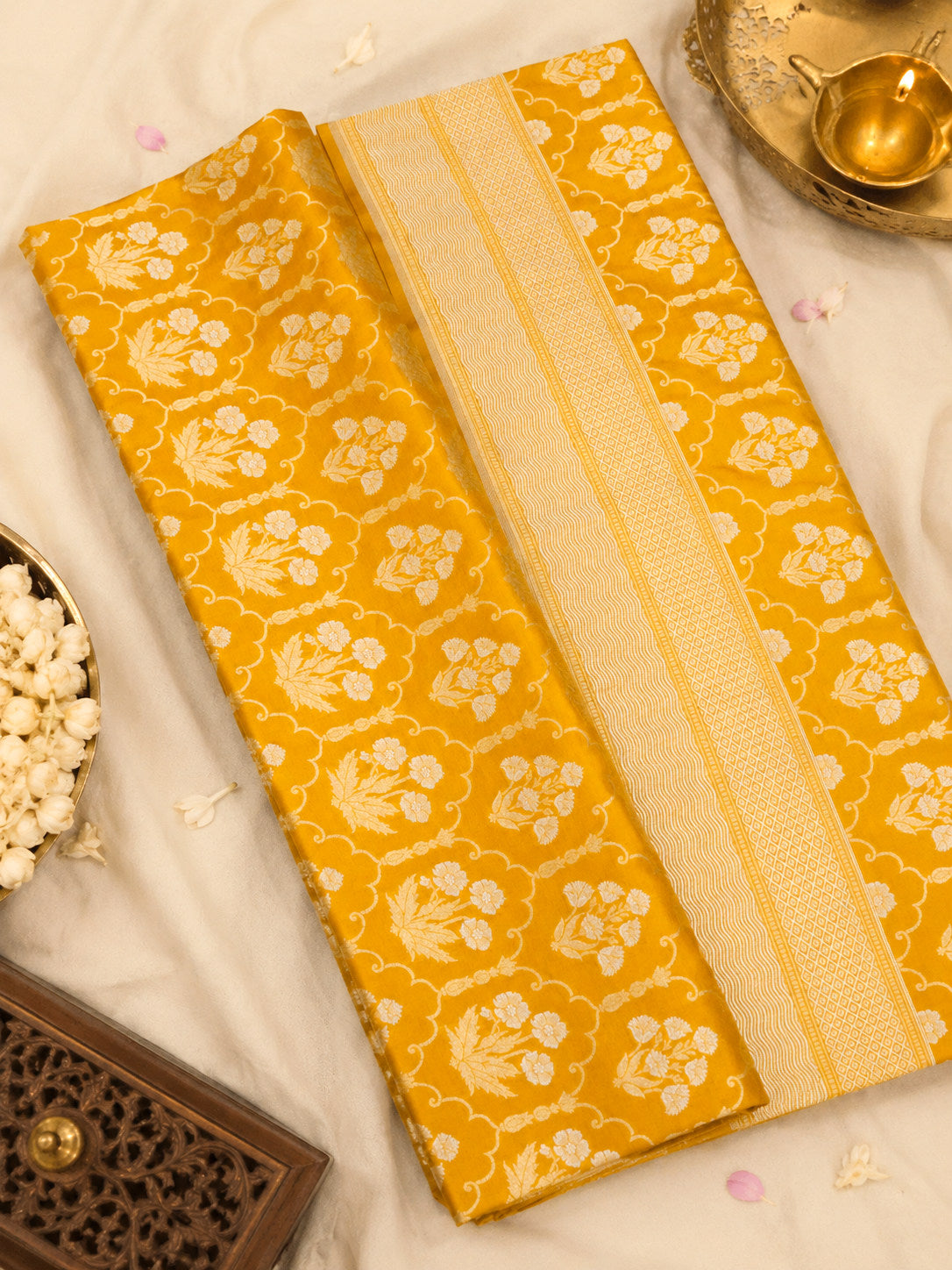 Mustard Yellow Pure Katan Silk Saree Khaddi WIth Gold & Silver Zari Jaal