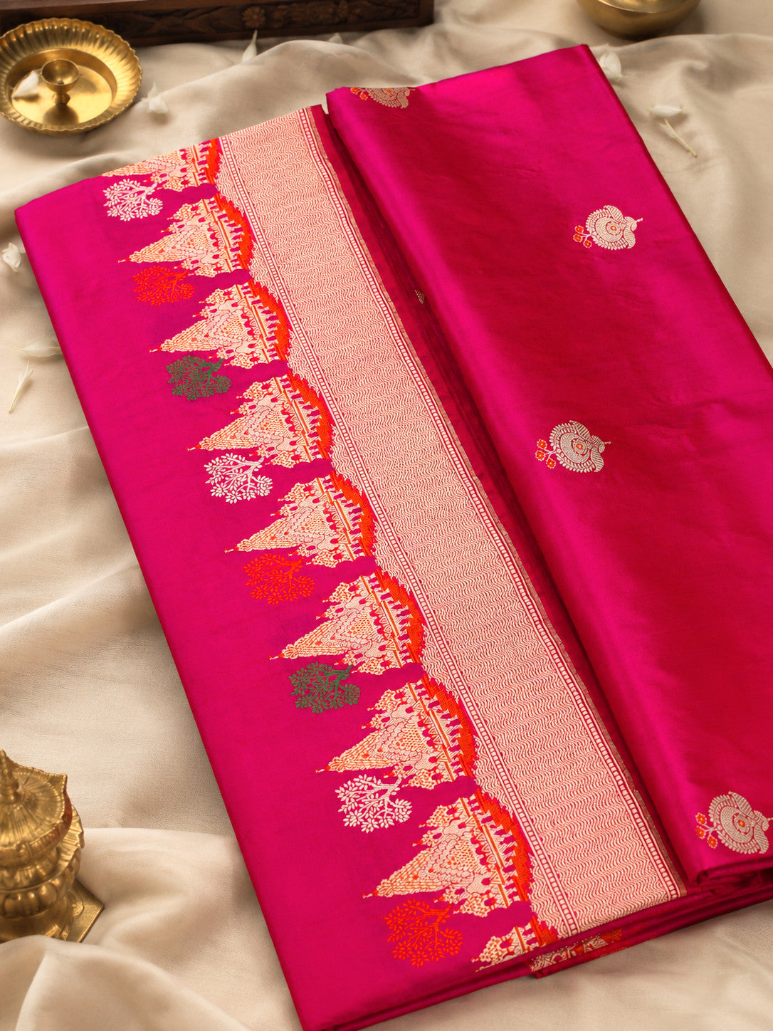 Rani Pink Ayodhya Dham Handloom Pure Katan Silk Saree with Kadhwa Shri Ram Mandir Tilfi Meenakari Border