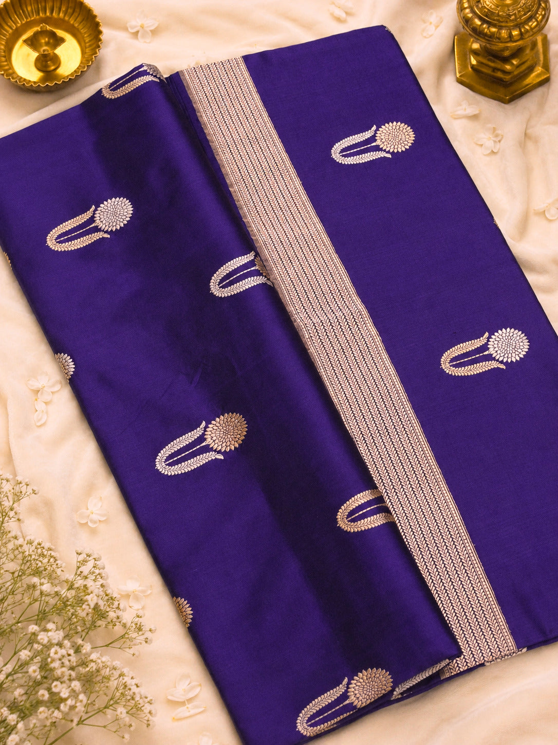 Purple Pure Katan Silk Handloom Saree Kadhwa Gold & Silver Zari Floral Buti