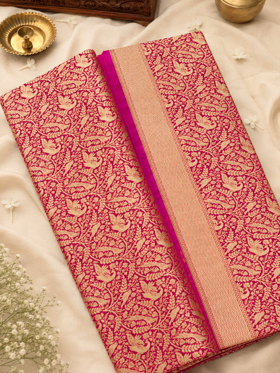 Rani Pink Shikargah Pure Katan Silk Handloom Saree Zari Brocade