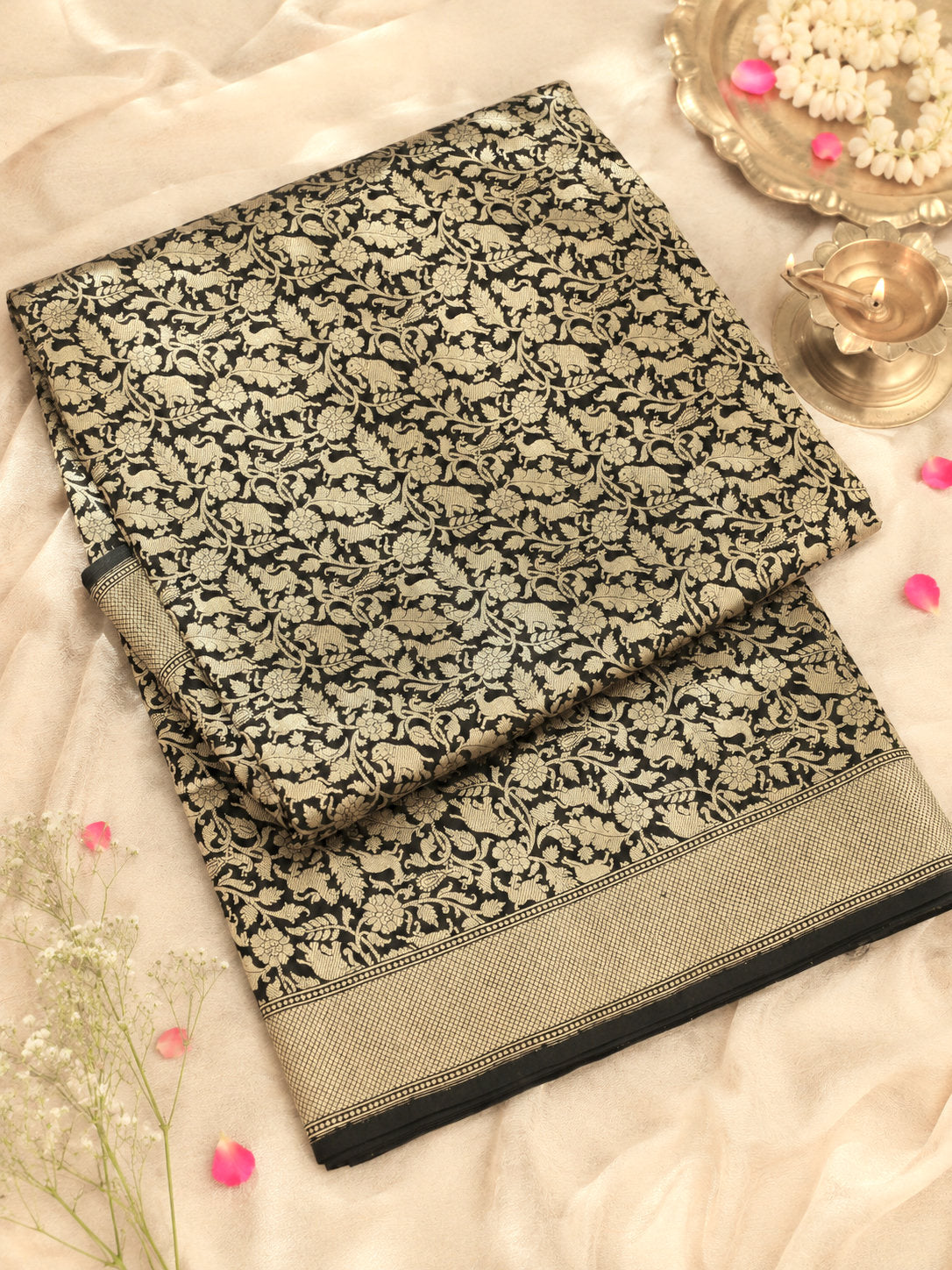 Black Shikargah Pure Katan Silk Handloom Saree Zari Brocade