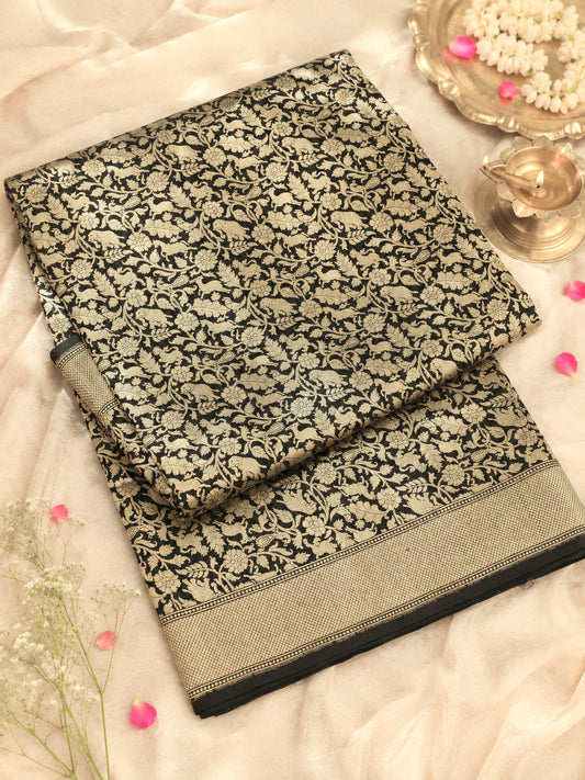Black Shikargah Pure Katan Silk Handloom Saree Zari Brocade
