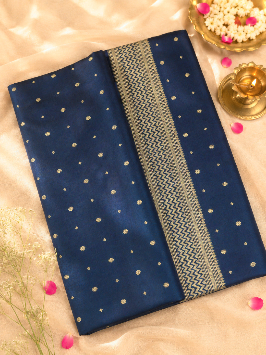 Blue Pure Satin Silk Handloom Saree with Kadhwa Border & Khaddi Fine Zari Buti