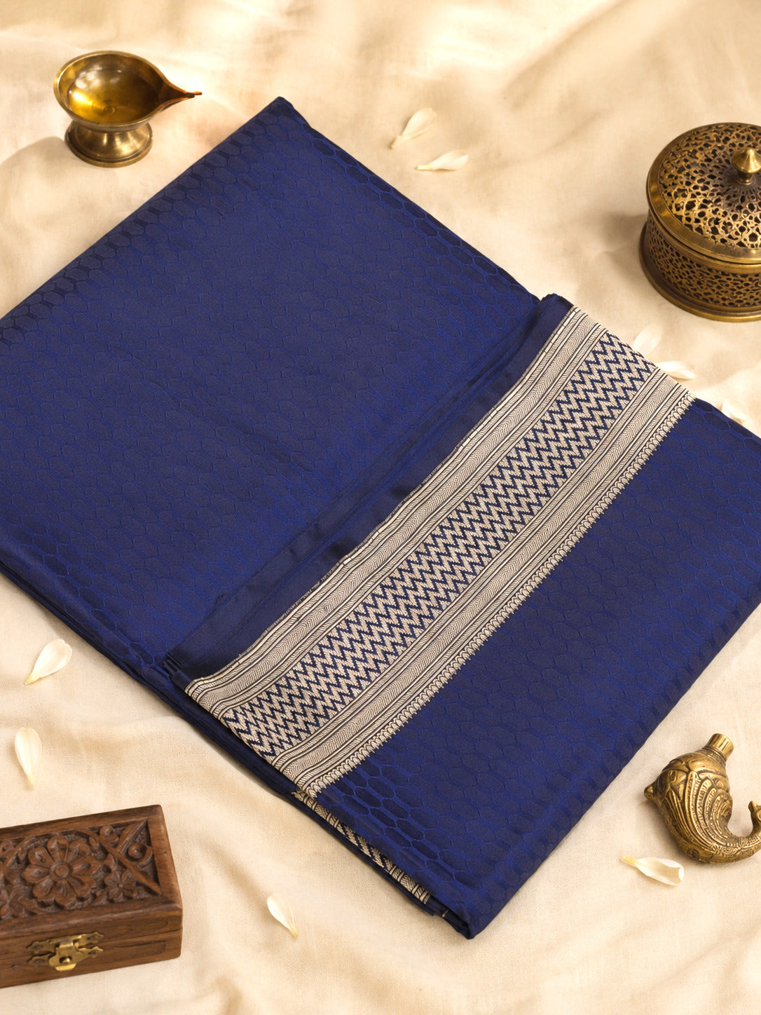 Navy Blue Pure Satin Silk Handloom Saree with Allover Alfi Jamawar Tanchui & Zari Vasket Blouse